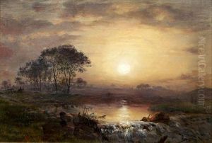 Sunset Landscape With Travellers By A River Sunset Landscape With Travellers By A River