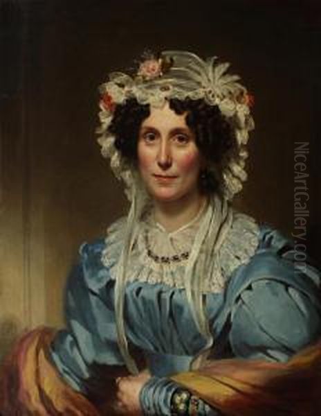 Portrait Of A Lady, Bust Length, Wearing A Pale Blue Dress And White Lace Bonnet - view 1