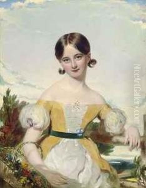 Portrait Of A Young Girl In A Yellow And White Dress, Half-length, With A Green Sash, Holding A Basket Of Flowers, A Landscape Beyond - view 1