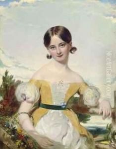 Portrait Of A Young Girl In A Yellow And White Dress, Half-length, With A Green Sash, Holding A Basket Of Flowers, A Landscape Beyond