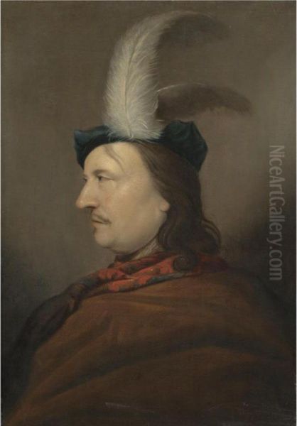 Portrait Of A Gentleman, Head And Shoulders, In Profile, Wearing A Blue Hat With White Feathers And A Brown Cloak With A Red Scarf - view 1