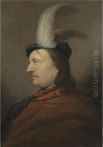 Portrait Of A Gentleman, Head And Shoulders, In Profile, Wearing A Blue Hat With White Feathers And A Brown Cloak With A Red Scarf by Christoph Paudiss
