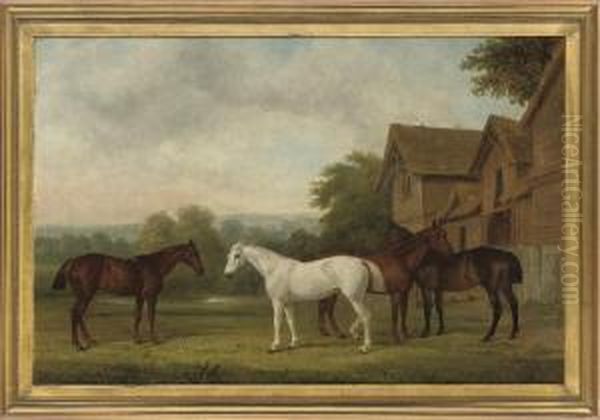 Four Hunters By A Barn, An Extensive Landscape Beyond - view 1