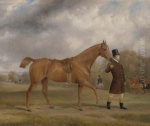 A Bay Hunter And Groom, With A Hunt Beyond, In An Extensivelandscape A Bay Hunter And Groom, With A Hunt Beyond, In An Extensivelandscape
