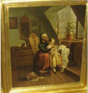Interior Scene With An Elderly Woman And Child Sewing by Fritz Paulsen