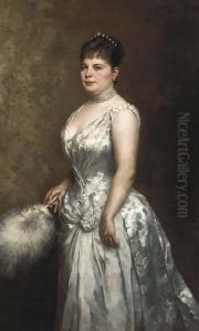 Portrait Of An Elegant Lady Wearing A White Evening Dress by Fritz Paulsen
