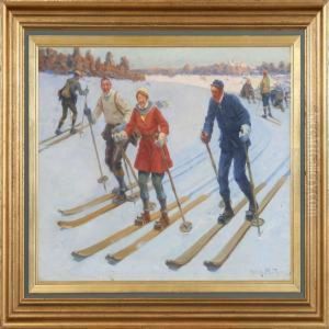Skiers On A Sunny Winter Day. Signed Leonh. Paulus Skiers On A Sunny Winter Day. Signed Leonh. Paulus