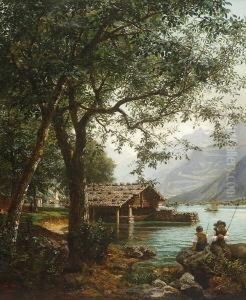 Kleine Angler Am Seeufer