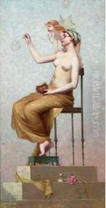 Jeune Femme Et Enfant Aux Bulles De Savon by Edouard Jerome Paupion