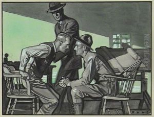 Three Men In Interior, Man On Left Rising From Chair. by Herbert Andrew Paus