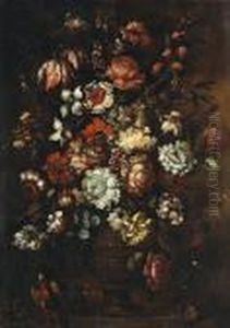 A Still Life With Flowers In An Urn On A Ledge by Vladimir Pavlosky