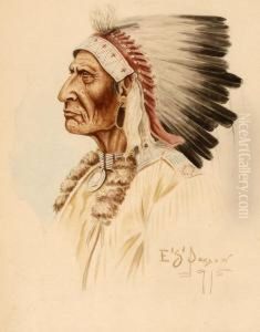 Profile Of An Indian Chief Wearing A Feather Headdress by Edgar Samuel Paxson