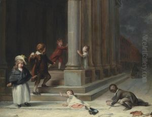 Children Playing In The Snow In Front Of The Portico Of St. George's Church, Hanover Square by Richard Morton Paye