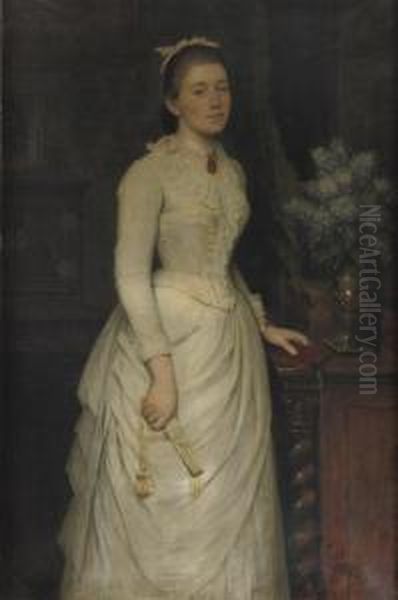 Portrait Of A Young Lady, Standing Full-length, In A White Dress, Holding A Fan And A Book - view 1