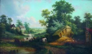 A Country Scene With Figures And Animals By A Farm