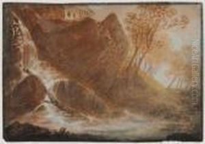 Waterfall With Water Wheel In Rocky Landscape by William Payne