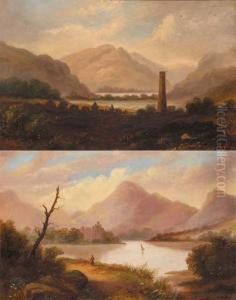 The Round Tower, Glendalough And Castle On A Lake, Possibly Ross Castle, Killarney (a Pair) by Joseph Peacock