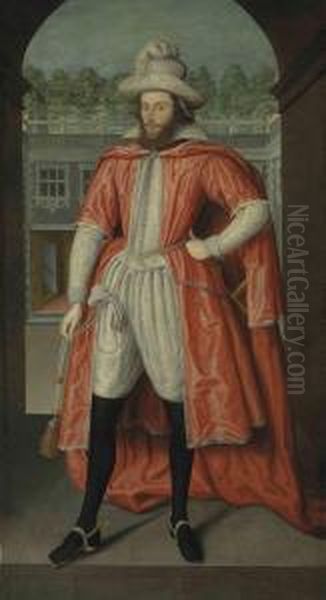 Portrait Of William Pope, 1st Earl Of Downe (1573-1631),full-length, In His Robes As A Knight Of The Bath, Under An Archopening Onto A Courtyard - view 1