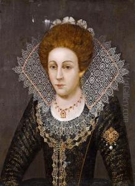 Portrait Of A Lady, Half-length, In An Embroidered Black Dress, A White Lace Collar, A Gold Necklace And A Gold Brooch - view 1
