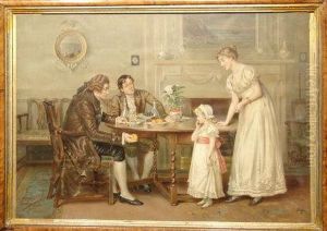 Depicting A Seated Gentleman Offering A Young Girl A Peach