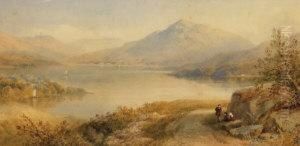 Figures Resting By A Mountain River Landscape
