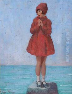 A Young Girl Wearing Red Coat And Bonnet Standing Upon A Coastal Rock by Harry J. Pearson