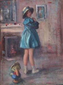 Interior Scene With Young Girl And Toy Duck Standing Beside A Fireside by Harry J. Pearson
