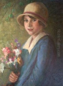 Portrait Of A Girl, Half-length In A Blue Dress Holding A Bouquet Of Flowers Portrait Of A Girl, Half-length In A Blue Dress Holding A Bouquet Of Flowers