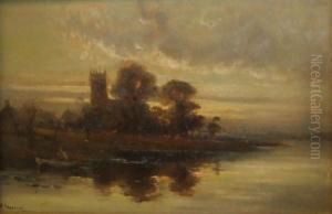 River Landscape With Figure In A Boat By A Church by Robert Pearson