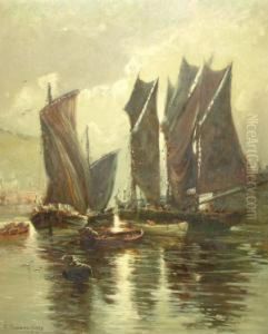 Fishing Vessels At The Entrance To A Harbour, Possibly Whitby by Robert Pearson