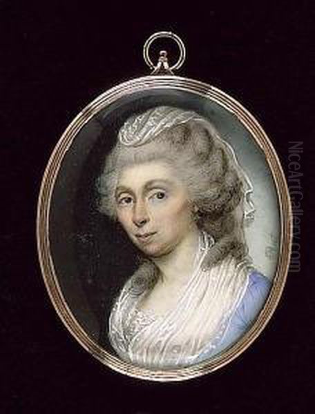 A Lady, Wearing Blue Dress, White Fichu, Lace Underslip And Veil In Her Powdered Hair. - view 1