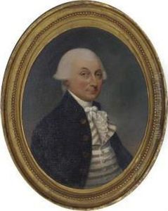 Portrait Of A Gentleman, Half-length, In A Blue Coat Striped Waistcoat And A White Cravat by Thomas Peat