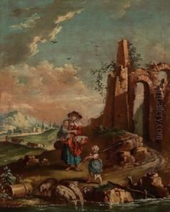 Coppia Di Paesaggi Con Antiche Rovine by Domenico Pecchio