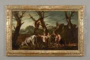 Paesaggio Con Contadino, Pastori E Taglialegna by Domenico Pecchio
