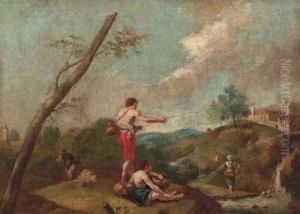 Paesaggio Fluviale Con Pescatore E Figure by Domenico Pecchio
