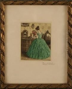 Dame Im Grunen Ballkleid Im Biedermeier-salon by Ernst Peche