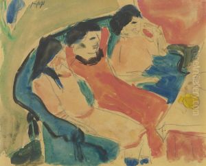 Drei Madchen Auf Dem Sofa (three Girls Seated On A Sofa) by Hermann Max Pechstein