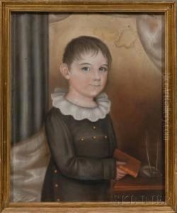Portrait Of A Boy Holding A Book And A Pen Holder.