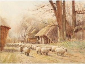 Sheep Being Driven Through A Farmyard by John Pedder