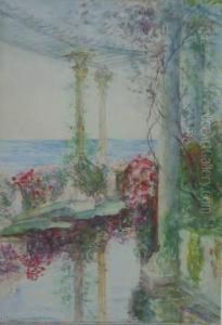 Blick Von Einer Blumenumrankten Terrasse Auf Das Meer by Hans Dan Peder
