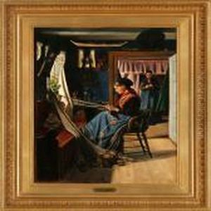 Interior With A Younggirl Mending A Fishing Net by Thorolf Pedersen