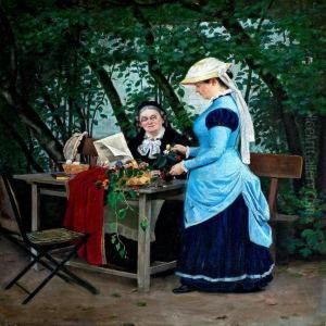 From A Vicaragegarden, A Young Woman Arranges Flowers While An Elderly Ladywatches by Thorolf Pedersen