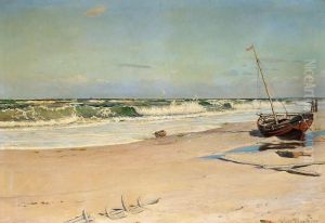 A Beach Scene With Two Fischermen Gazing At The Sea by Thorolf Pedersen