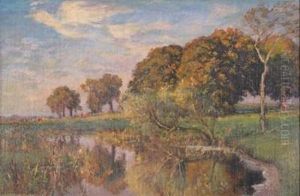 Wooded River Landscape by Viggo Christian Frederick Pedersen