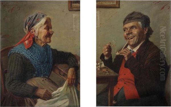 Gelukkig En Bejaard Echtpaar, Zij Kleren Verstellend, Hij Pijprokend - view 1