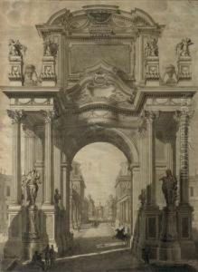 An Architectural Capriccio With A Triumphal Arch: Study For A Frontispiece by Maurizio Pedetti
