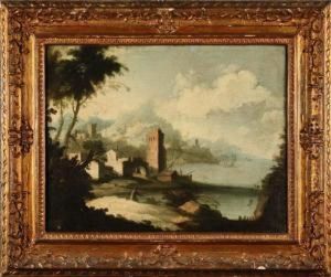 Paesaggio Portuale Con Case, In Primo Piano Figura Di Pescatore by Bartolomeo Pedon