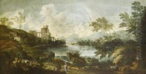 A Landscape With A Goatherd Piping To His Livestock And Travellers On A Path In The Foreground, A Waterfall, Village And Mountains Beyond