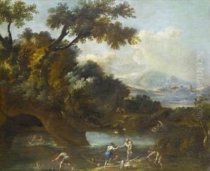 A Wooded Landscape With A Fisherman Drawing Inhis Catch, Other Figures Loading A Rowing Boat And Other Vessels Ona River With Mountains Beyond by Bartolomeo Pedon