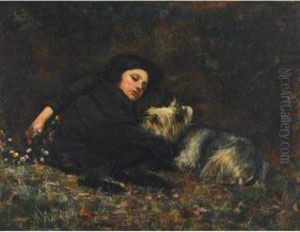 Young Girl With Terrier by Paul Peel